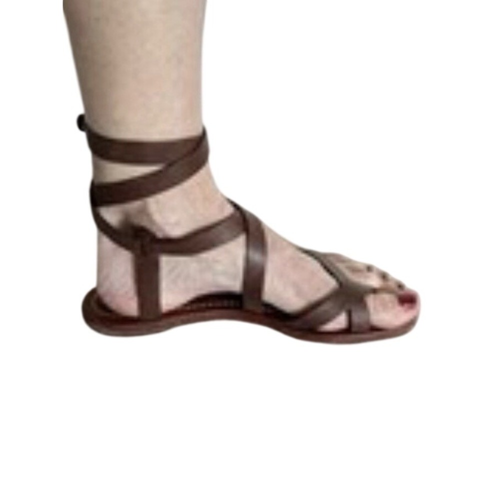 Tory Burch Patos Strappy Gladiator Sandals Brown Leather Ankle Wrap Flat 6M